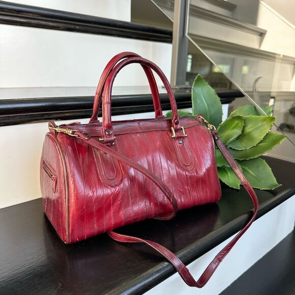 Genuine Eel Skin Leather Satchel Crossbody Shoulder Bag Deep Burgundy Red Purse - Picture 3 of 9